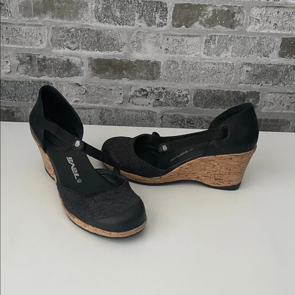 Teva Black Cork Wedge Pumps